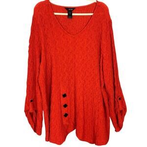 Ali Miles Womens 3X Tunic Top Orange Crinkle Roll Tab Sleeves Black Bottons